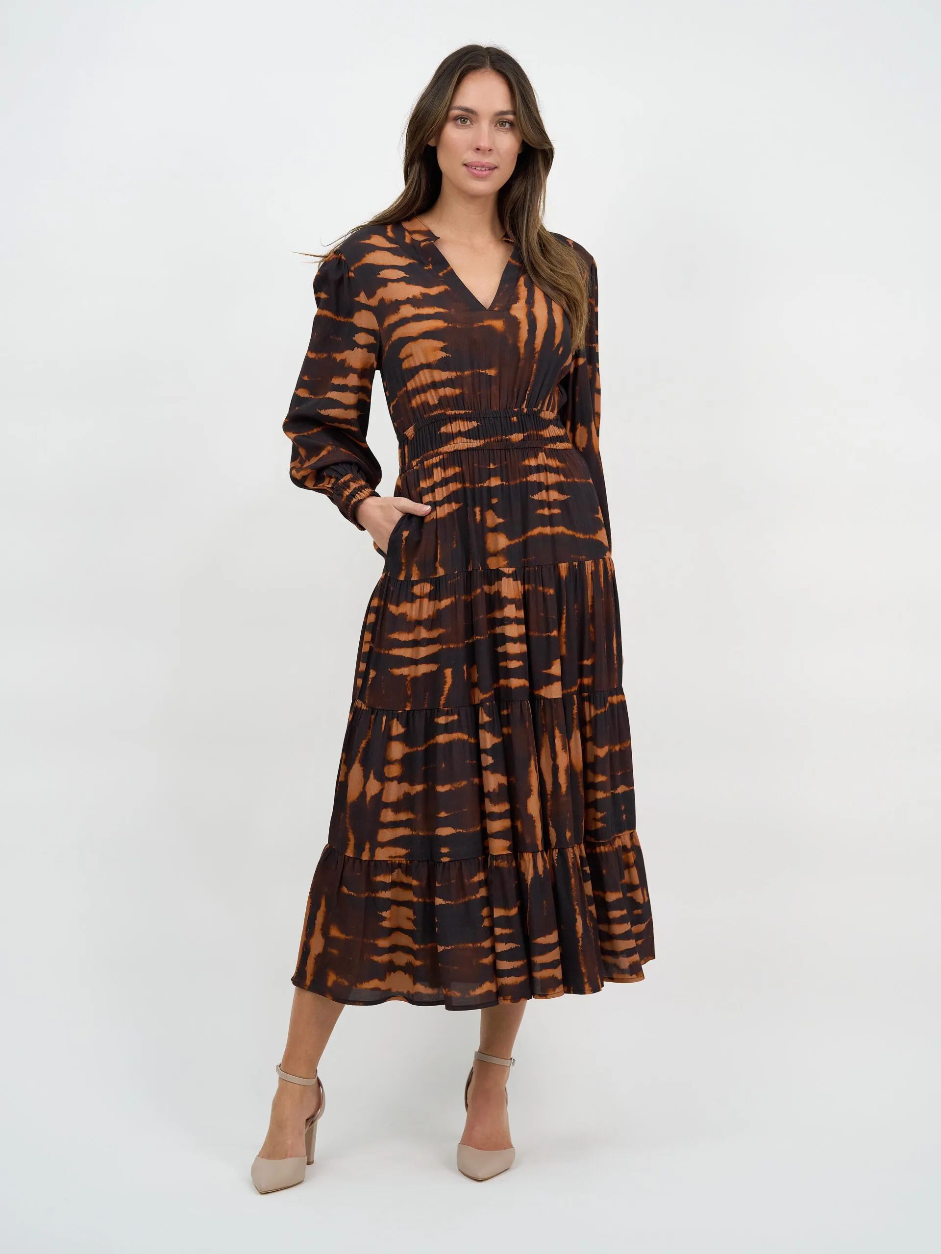 Viscose Tier Detail Dress Brown Liberty Rose Viscose Tier Detail Dress Brown Liberty Rose