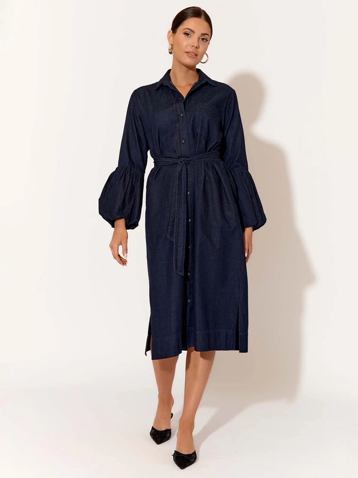 Denim Puffed Sleeve Dress Navy adorne