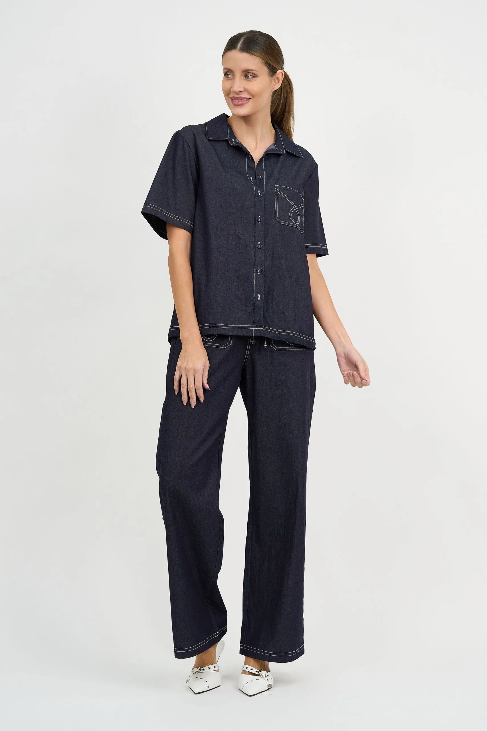 Patch Pocket Drawstring Denim Dark Denim Liberty Rose