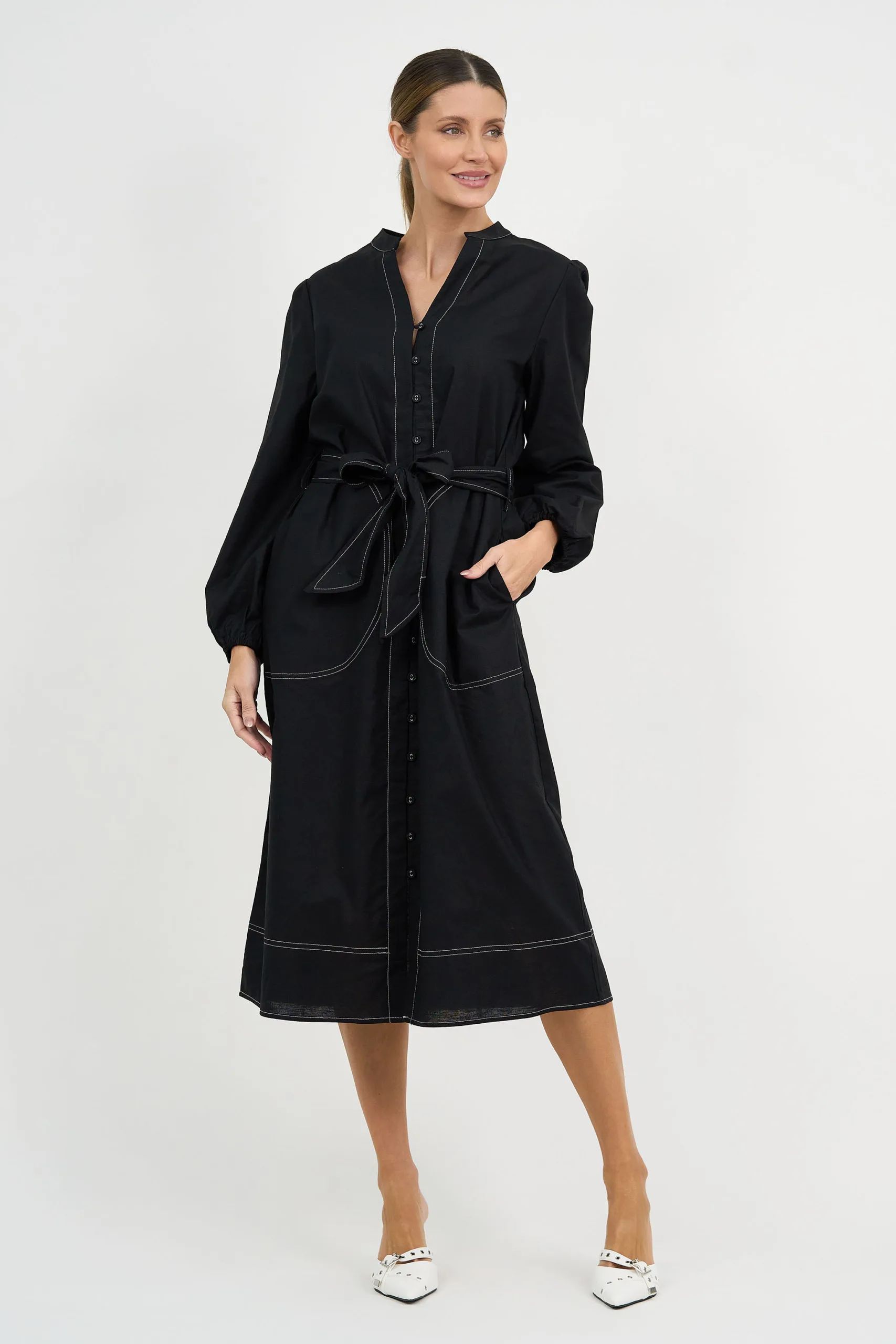 Contrast Stitch Linen Dress Black Liberty Rose Contrast Stitch Linen Dress Black Liberty Rose