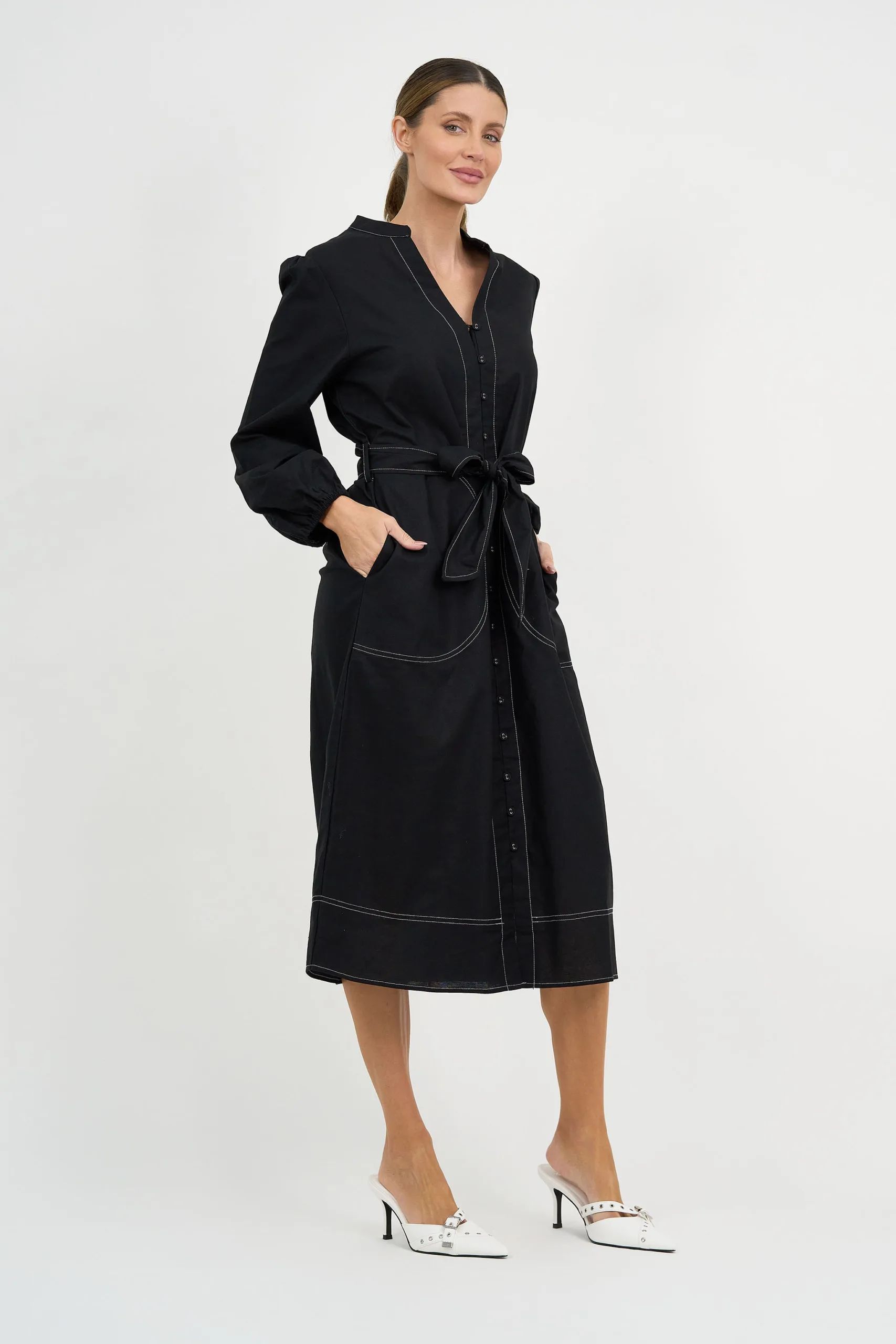 Contrast Stitch Linen Dress Black Liberty Rose Contrast Stitch Linen Dress Black Liberty Rose