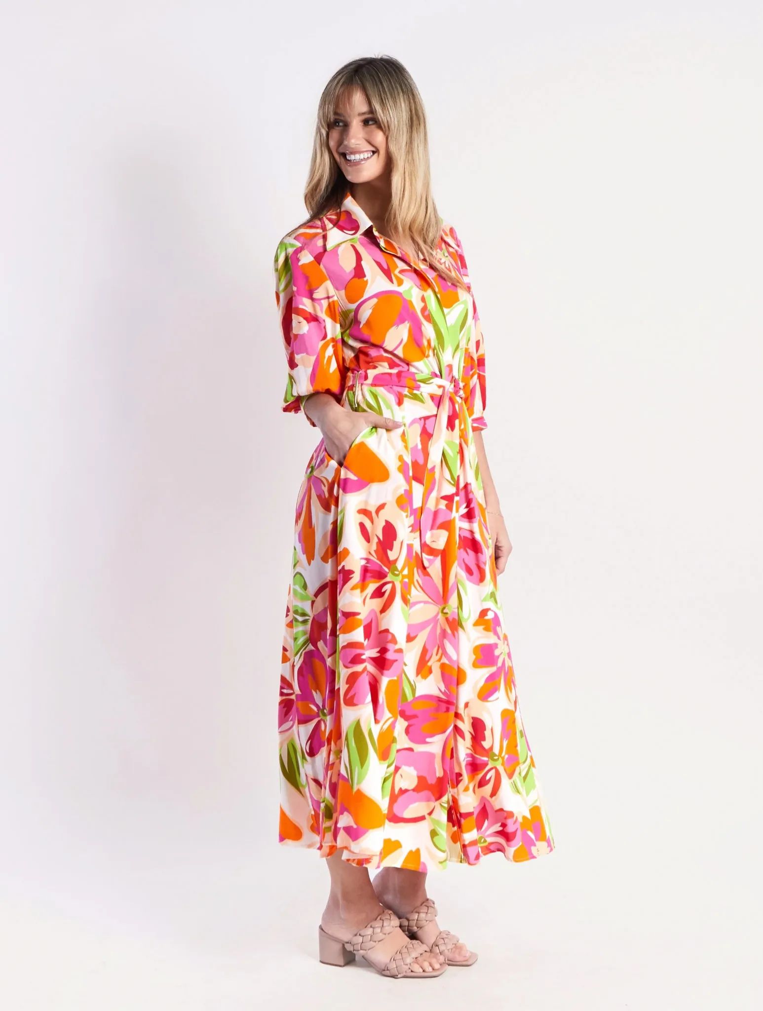 Belted A-line Dress Orange Leoni