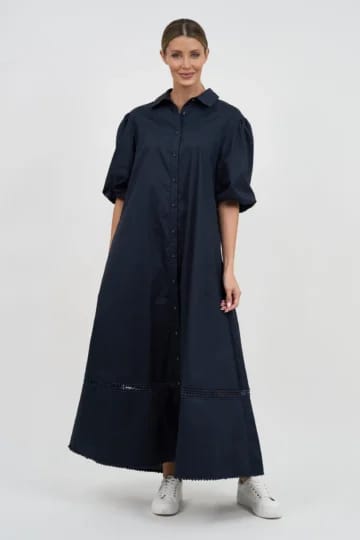 Lattice Trim Cotton Shirt Dress Navy Liberty Rose