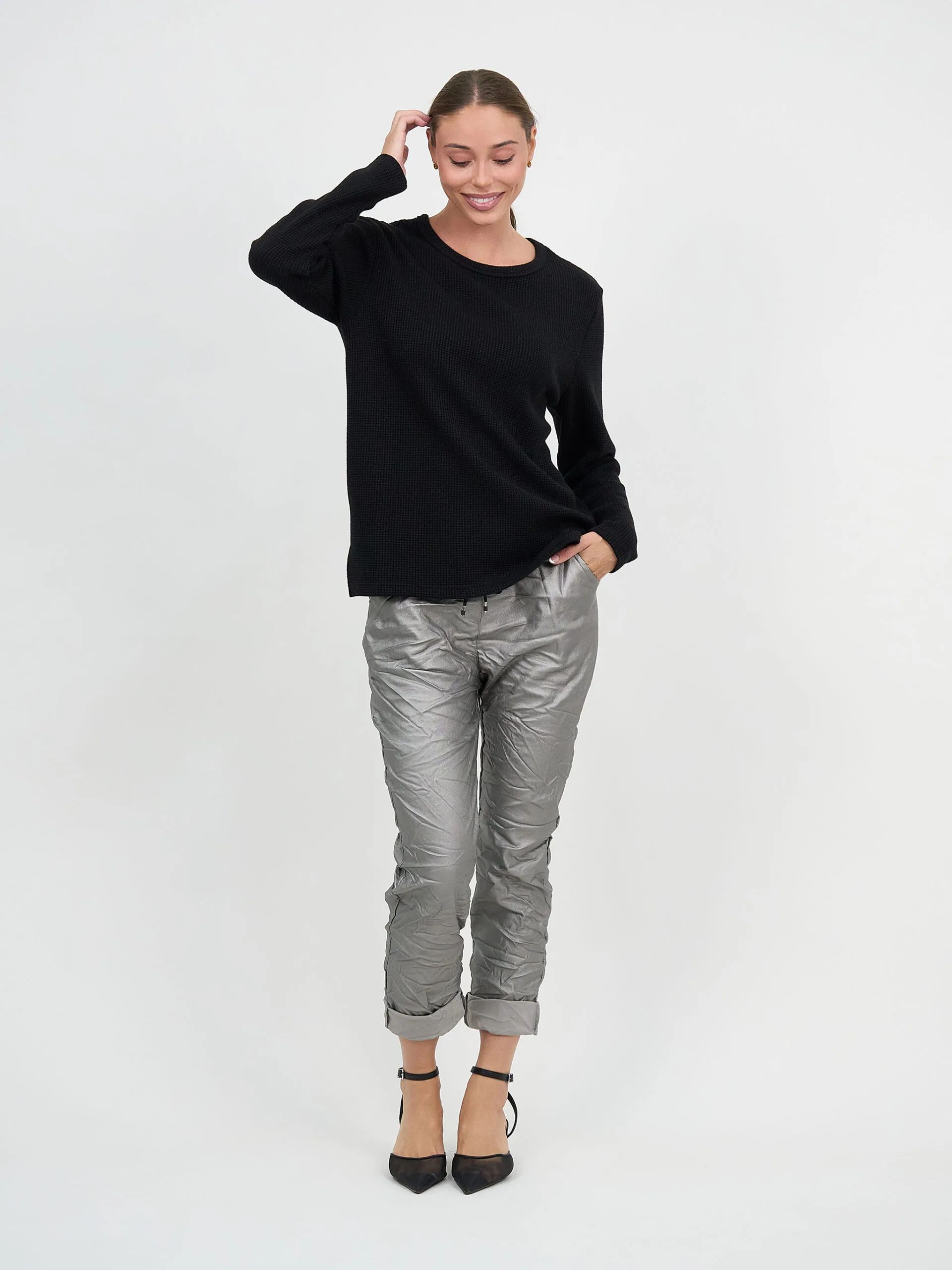 Metallic Waffle Knit Top Black Liberty Rose