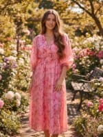 Gathered Neckline Midi Dress Pink Liberty Rose