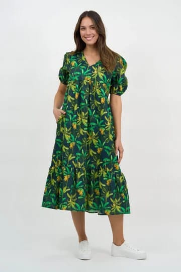 Puff Sleeve Linen Dress Green Liberty Rose
