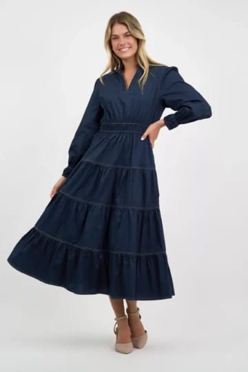 Stitch Tier Detail Dress Navy Liberty Rose