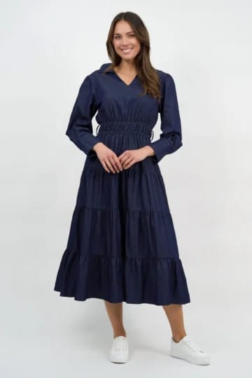 Collared Denim Tier Detail Dress Navy Liberty Rose Collared Denim Tier Detail Dress Navy Liberty Rose