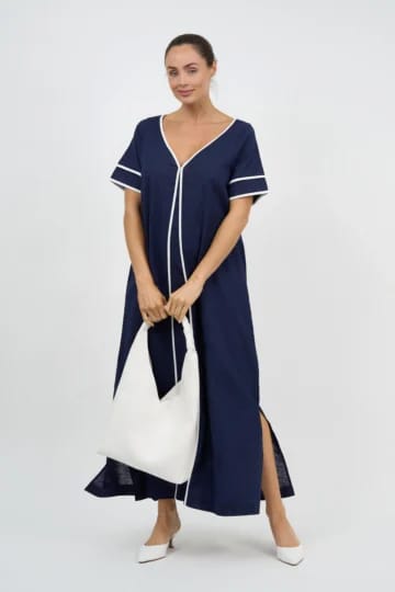 Contrast Maxi Linen Dress Navy Liberty Rose