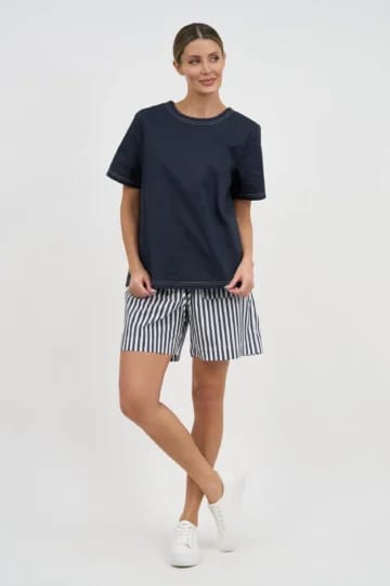 Stitch Detail Cotton Tee Navy Liberty Rose