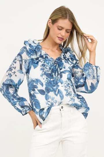 Double Frill Neck Top Blue Liberty Rose