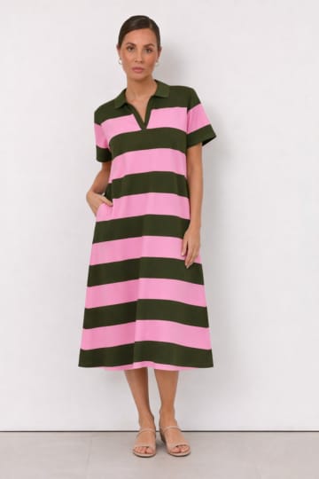 Polo Cotton Jersey Stripe Dress Khaki Liberty Rose