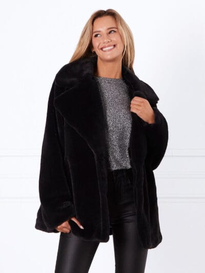 Long Faux Fur Jacket Black Leoni