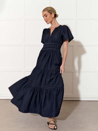 Vee Pleat Denim Dress Dark Denim adorne