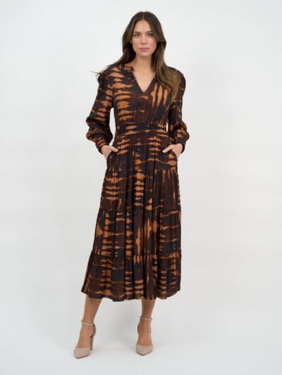 Viscose Tier Detail Dress Brown Liberty Rose