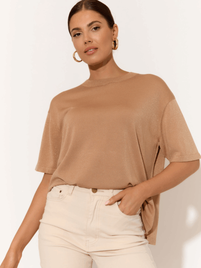 Metallic Relaxed Knit Top Camel adorne