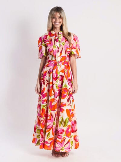 Short Sleeve Belt Dress Orange Leoni