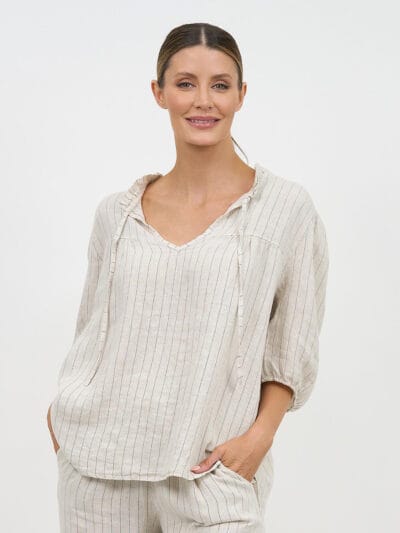 Tie Frill Collar Top Beige La Strada