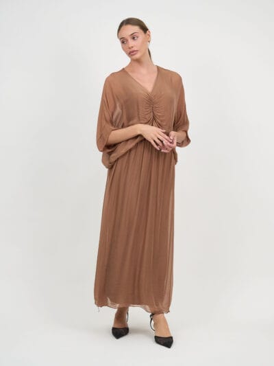Gathered Silk Blend Dress Brown La Strada