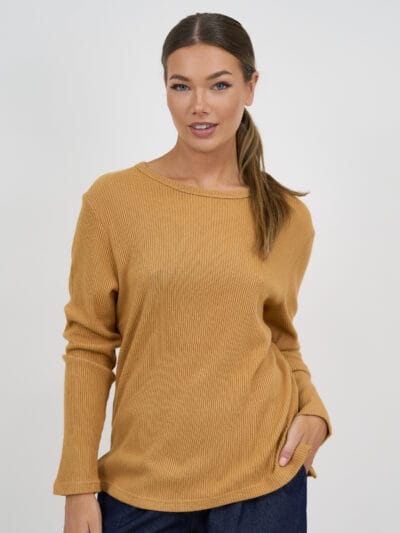 Metallic Ribbed Knit Top Camel Liberty Rose