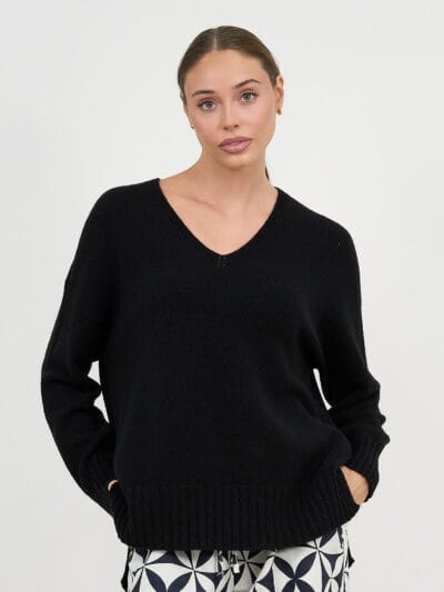 Vee Neck Ribbed Knit Black La Strada