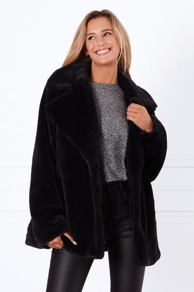 Long Faux Fur Jacket Black Leoni