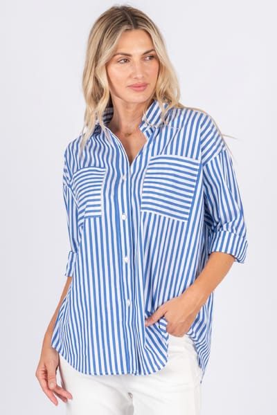 Patch Pocket Stripe Shirt Royal Blue Worthier