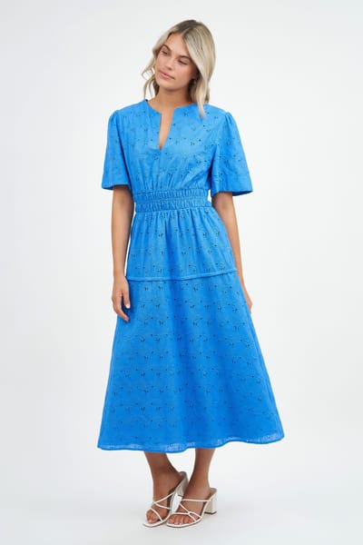 Shirred Waist Broderie Dress Royal Blue Liberty Rose