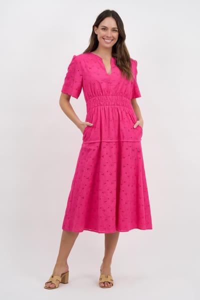 Shirred Waist Broderie Dress Pink Liberty Rose