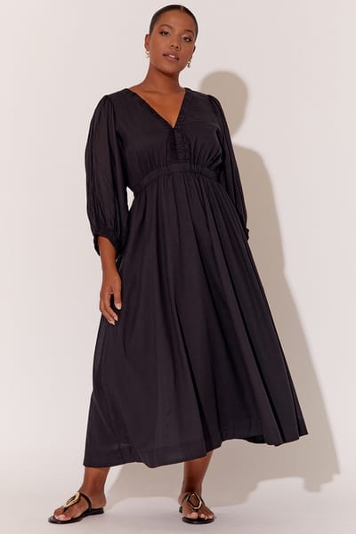 Gathered Neckline Midi Dress Black adorne