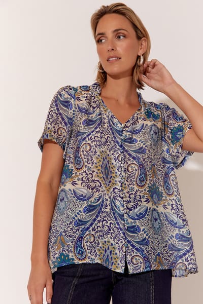 Vee Neck Sheer Shirt Blue adorne