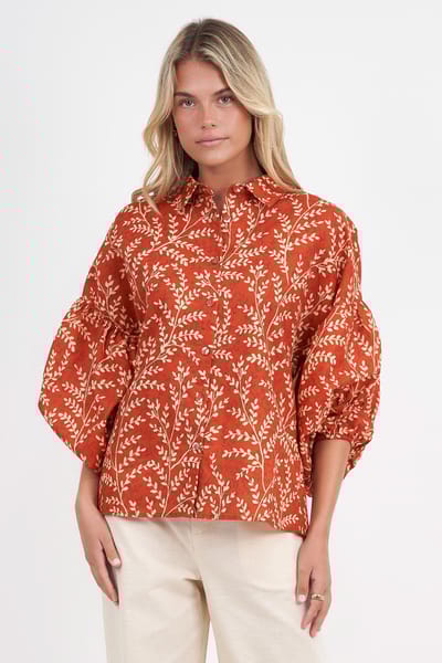 Linen Puff Sleeve Shirt Honey Brown Liberty Rose