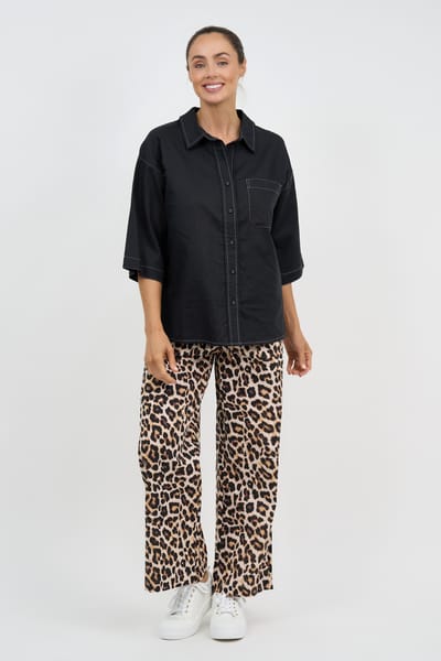 Stitch Detailed Linen Shirt Black Liberty Rose