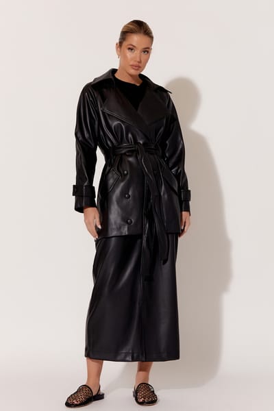 Faux Leather Wrap Coat Black adorne