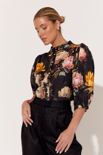 Button Detail Linen Top Black adorne