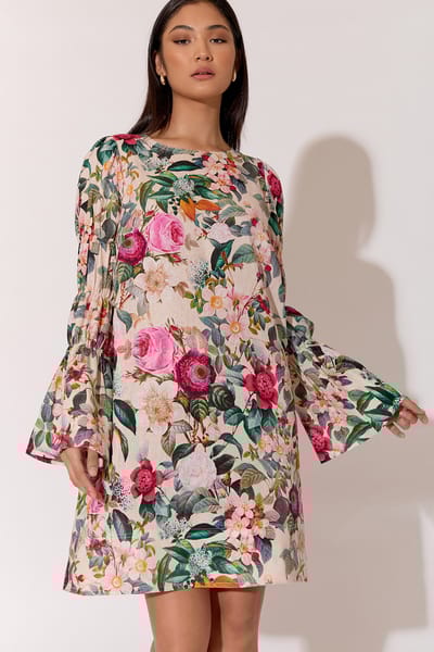 Flute Sleeve Linen Dress Cream adorne