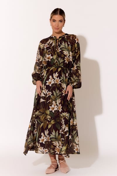 Draw Waist LS Dress Dark Green adorne