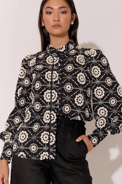 Embroidered Button Detail Top Black adorne