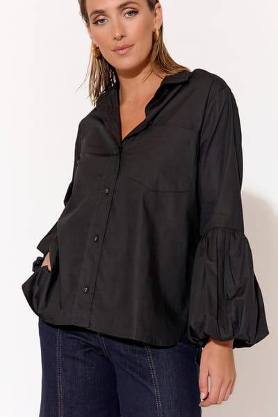 Poplin Puffed Sleeve Shirt Black adorne