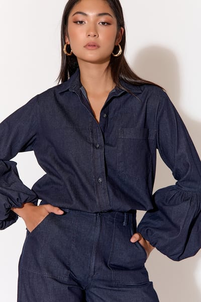 Denim Puffed Sleeve Shirt Navy adorne