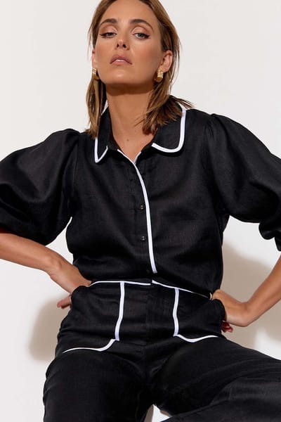 Contrast Trim Linen Shirt Black adorne