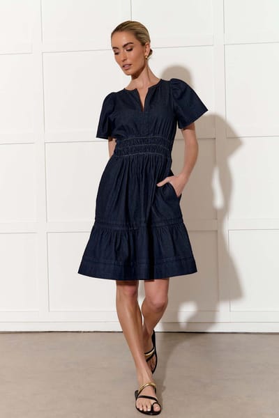 Short Vee Pleat Denim Dress Dark Denim adorne