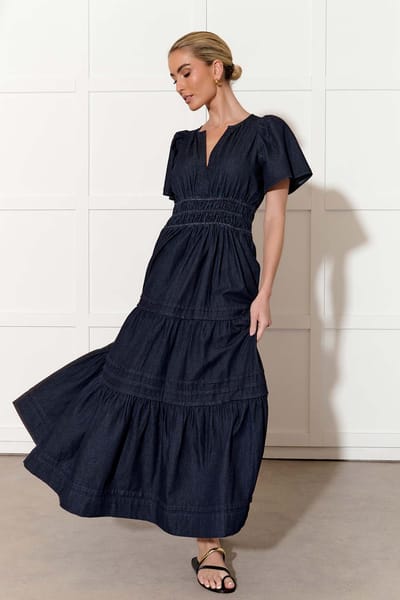 Vee Pleat Denim Dress Dark Denim adorne