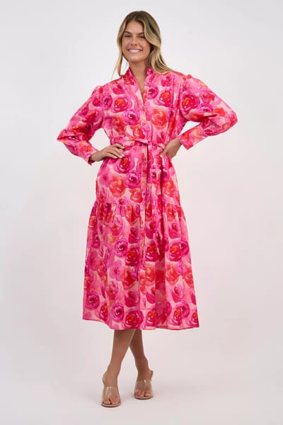 Cuffed Linen Shirt Dress Red Liberty Rose