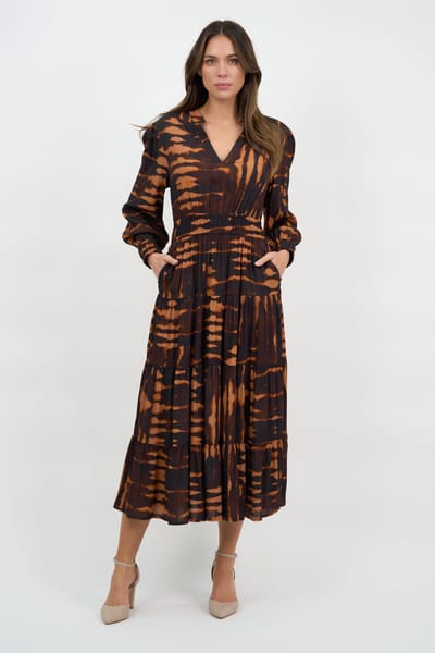 Viscose Tier Detail Dress Brown Liberty Rose
