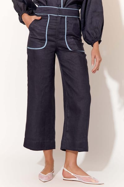 Contrast Trim Linen Pant Navy adorne