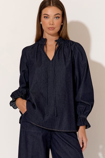 Denim Neck Tie Top Denim adorne