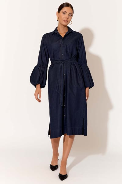 Denim Puffed Sleeve Dress Navy adorne