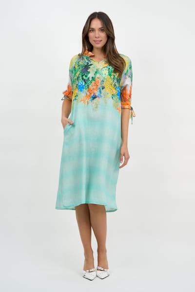 Frill V-Neck Linen Dress Multi La Strada