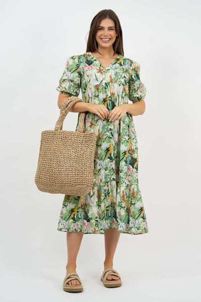 V Neck Gathered Dress Green Liberty Rose